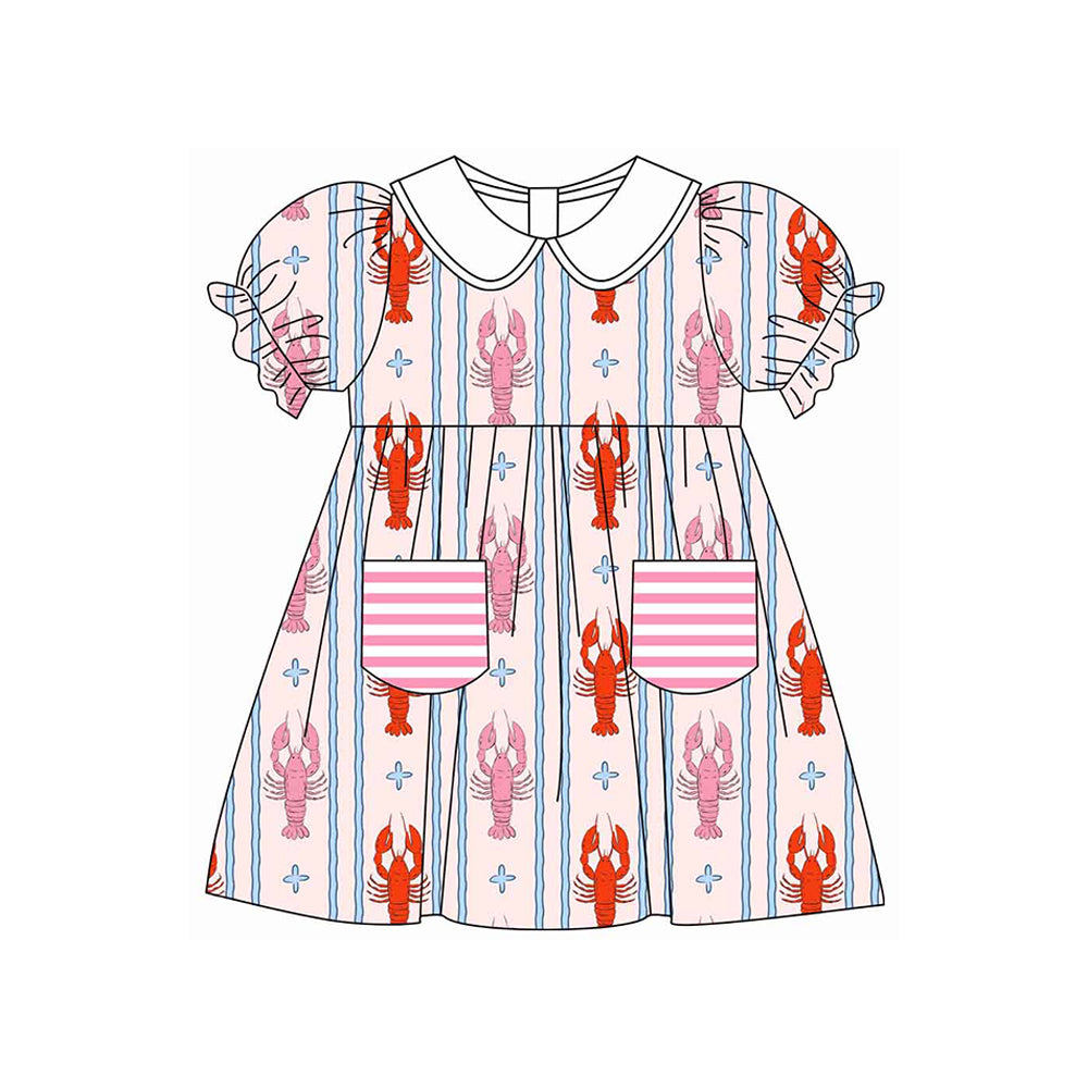 MOQ 5 PCS Preorder GSD3420 Crayfish Pink Stripe Pocket Doll Collar Short Sleeve Dresses for Girls 202512