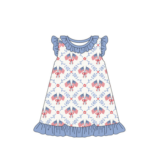 MOQ 5 PCS Preorder GSD3424 4th of July Flag Bows Blue Ruffle Flying Sleeve Dresses for Girls 202512