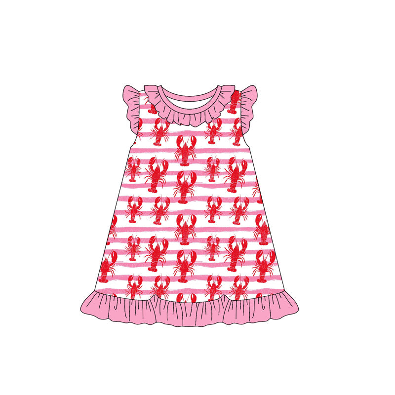 MOQ 5 PCS Preorder GSD3425 Crayfish Stripe Pink Ruffle Flying Sleeve Dresses for Girls 202512