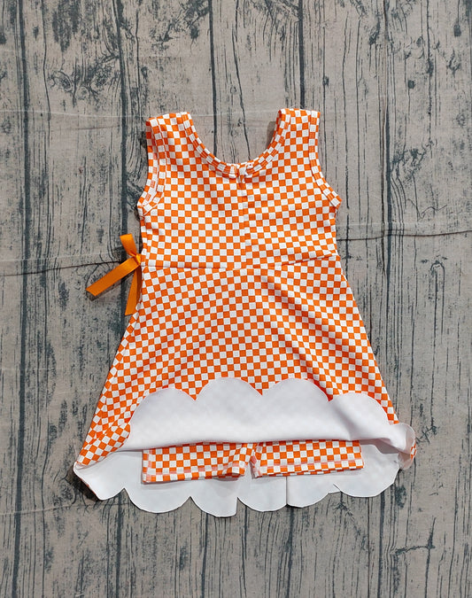 NO MOQ preorder GSD3428 Orange White Plaid Ruffle Bow Yoga Sleeveless Dresses for Girls 202601