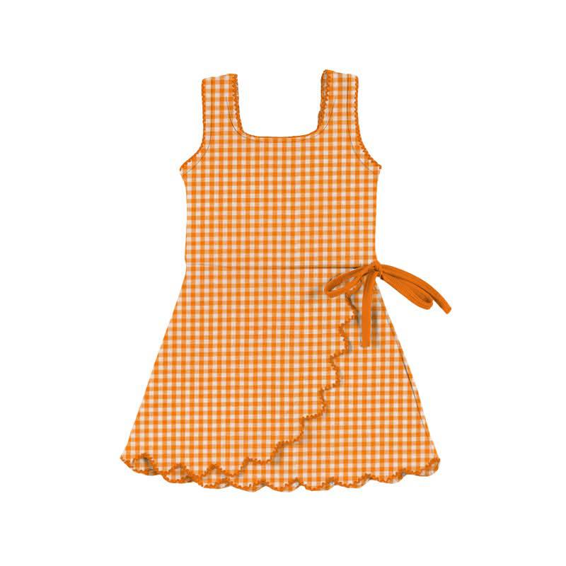 MOQ 5 preorder GSD3429 Orange Plaid Ruffle Bow Yoga Sleeveless Dresses for Girls 202512