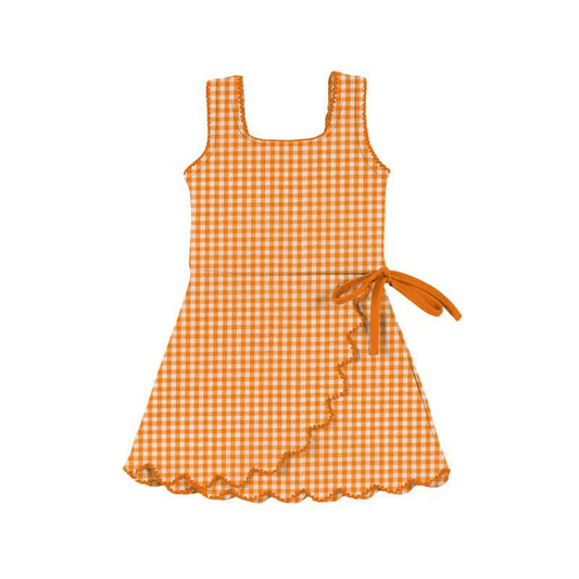 MOQ 5 preorder GSD3429 Orange Plaid Ruffle Bow Yoga Sleeveless Dresses for Girls 202512