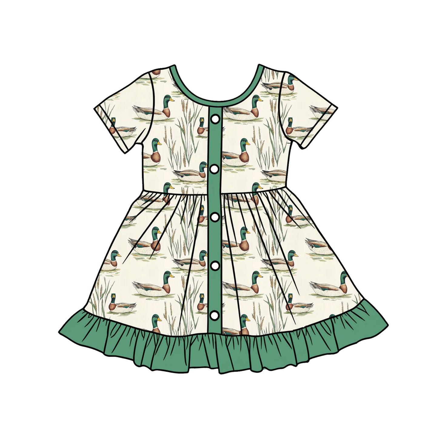 MOQ 5 PCS Preorder GSD3431 Duck Pattern Green Ruffle Short Sleeve Dresses for Girls 202512