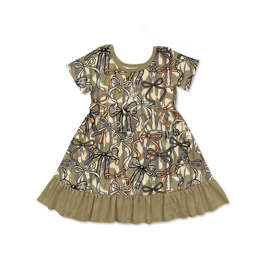MOQ 5 PCS Preorder GSD3432 Bows Pattern Camouflage Army Green Ruffle Short Sleeve Dresses for Girls 202512