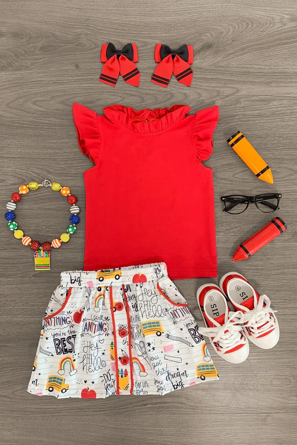 MOQ 5 PCS Preorder GSD3436 Back to School Red Ruffle Flying Sleeve Shirts with Skirts for Girls Sets 202512