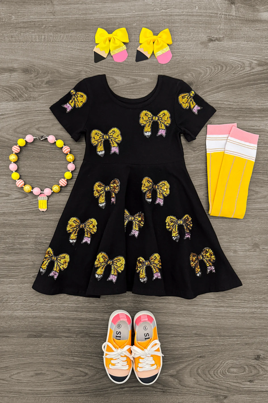 MOQ 5 PCS Preorder GSD3437 Back to School Bows Black Short Sleeve Dresses for Girls 202512