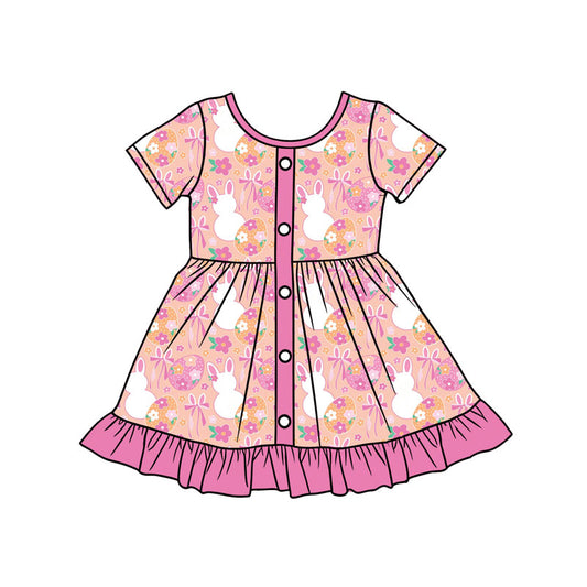 NO MOQ Preorder GSD3440 Easter Bunny Rose Red Ruffle Short Sleeve Dresses for Girls 202512