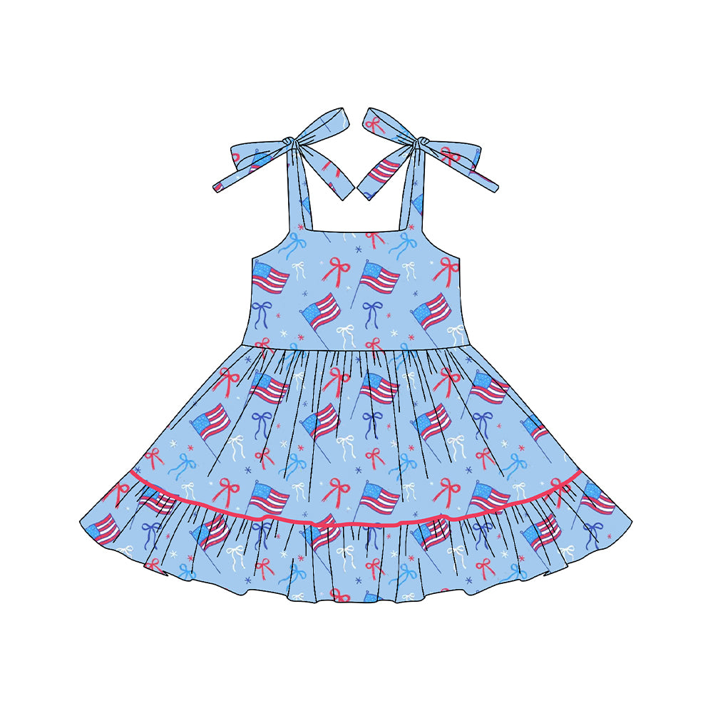 NO MOQ Preorder GSD3443 4th of July Flag Bows Blue Ruffle Sleeveless Dresses for Girls 202512