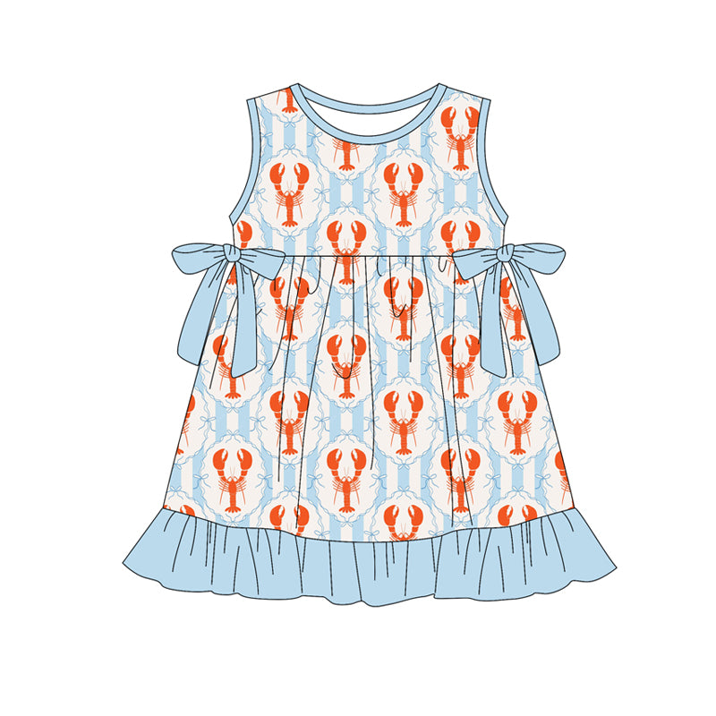 NO MOQ Preorder GSD3449 Crayfish Stripe Blue Bows Ruffle Sleeveless Dresses for Girls 202512