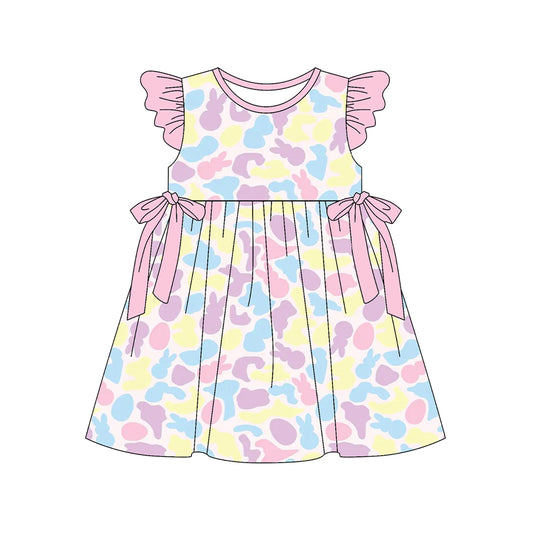 NO MOQ Preorder GSD3450 Easter Bunny Colored Camouflage Pink Flying Sleeve Dresses for Girls 202512