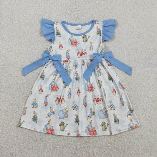 GSD3452 Easter Bunny Blue Bows Flying Sleeve Dresses for Girls 202601 RTS