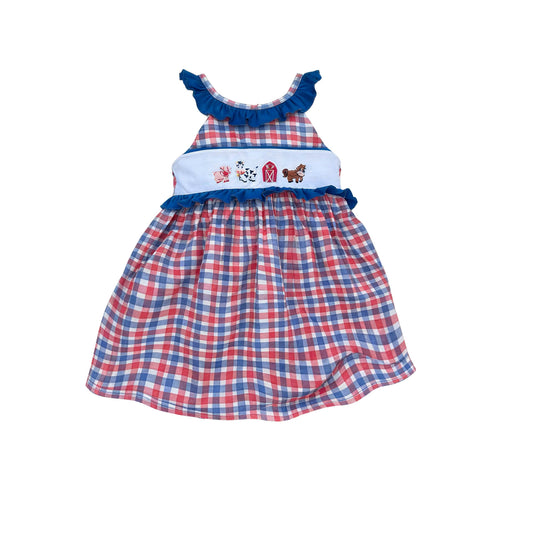 NO MOQ Preorder GSD3453 Farm Animals Red Blue Plaid Sleeveless Dresses for Girls 202512