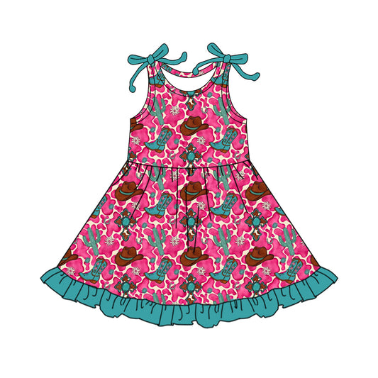 NO MOQ Preorder GSD3454 Cowgirl Cactus Hat Boots Green Ruffle Rose Red Sleeveless Dresses for Girls 202512