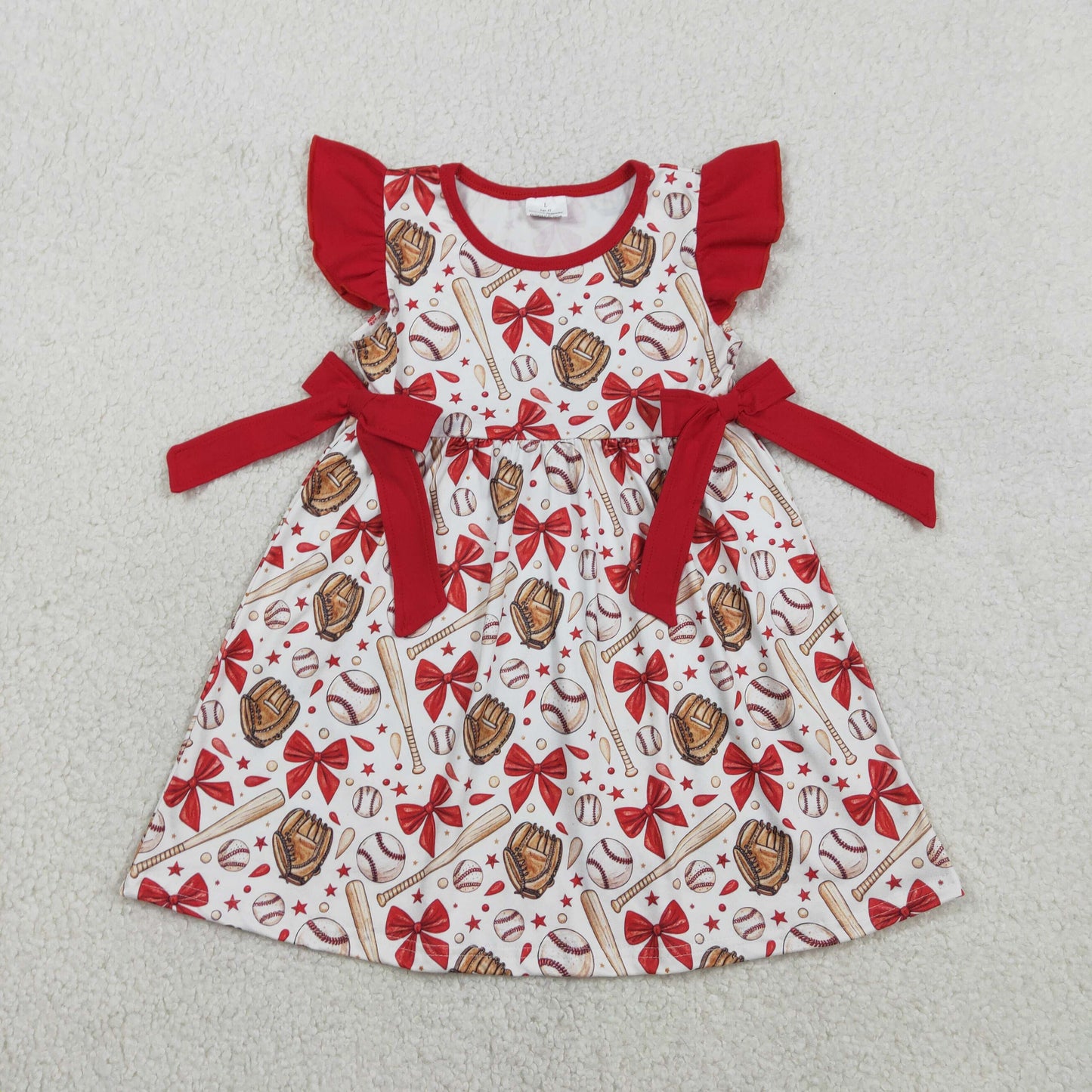 GSD3455 Baseball Red Bows Flying Sleeve Dresses for Girls 202601 RTS