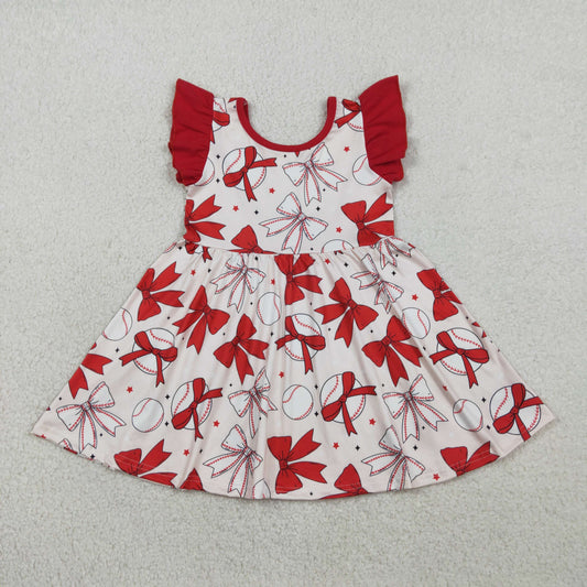 GSD3456 Baseball Bows Red Ruffle Flying Sleeve Dresses for Girls 202602 RTS