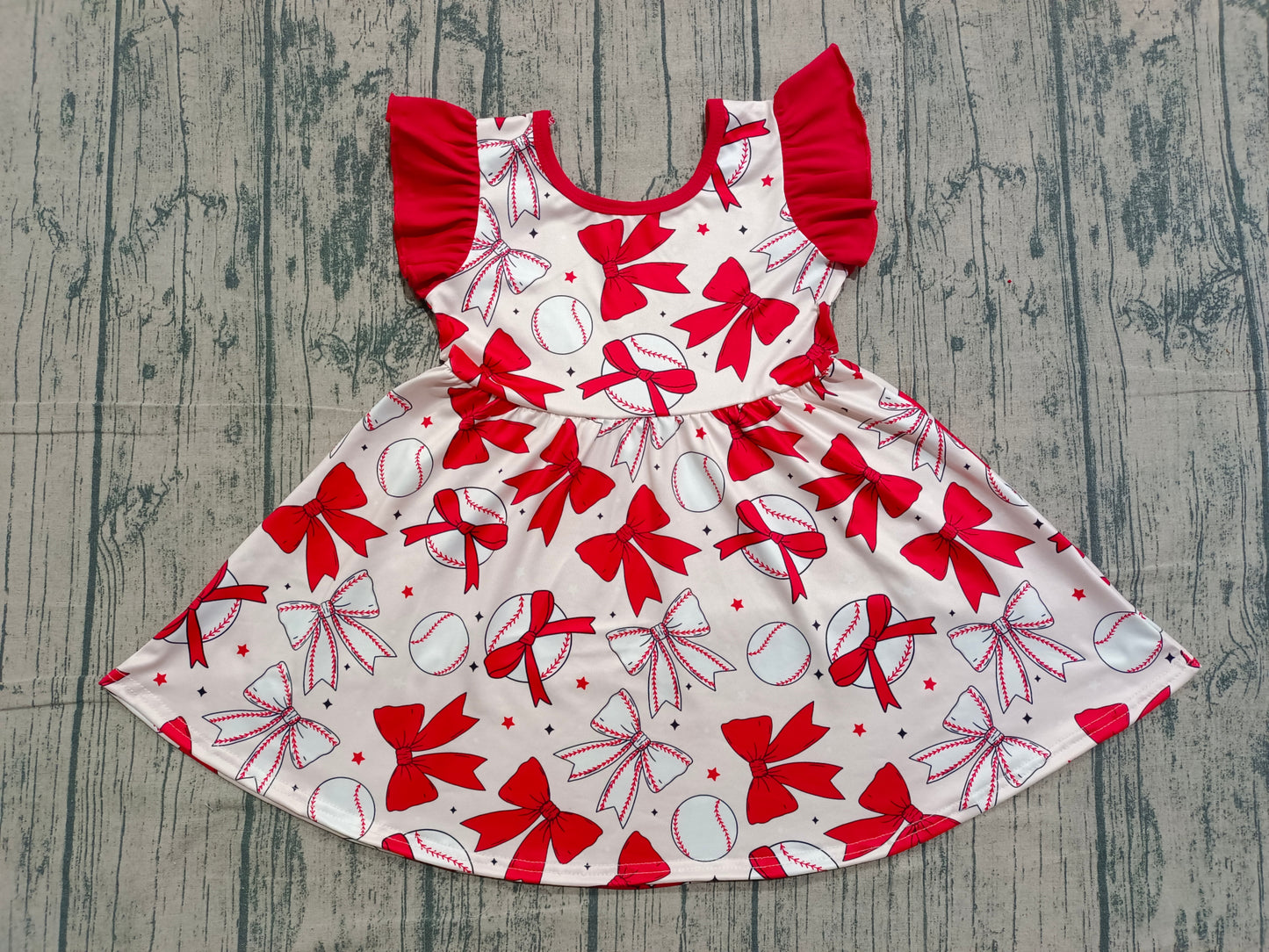 GSD3456 Baseball Bows Red Ruffle Flying Sleeve Dresses for Girls 202601