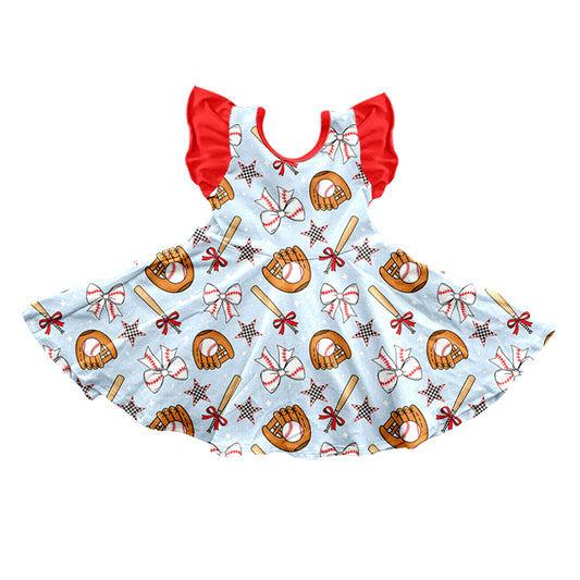 NO MOQ Preorder GSD3457 Baseball Bows Gloves Star Red Ruffle Flying Sleeve Dresses for Girls 202512