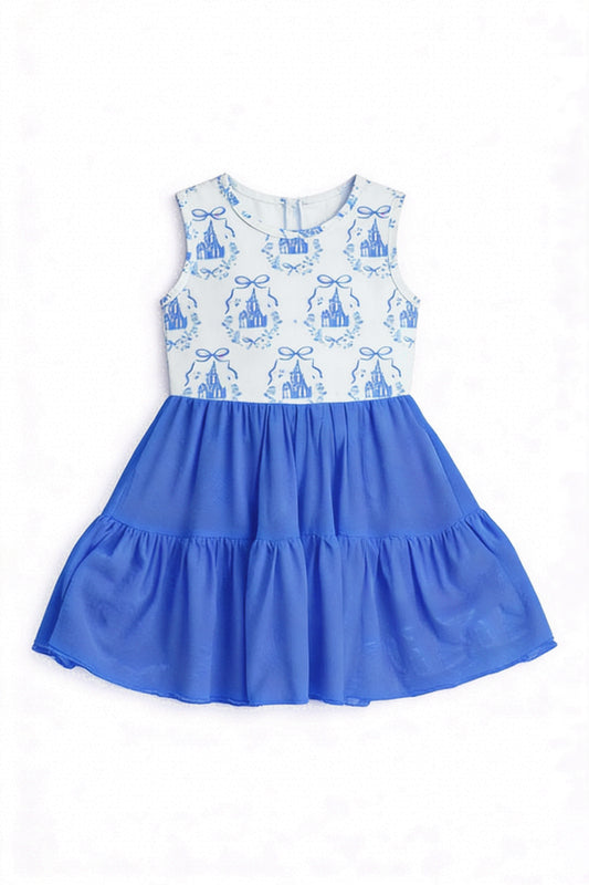 MOQ 5 preorder GSD3462 Bow Castle Pattern Blue Yoga Sleeveless Dresses for Girls 202512
