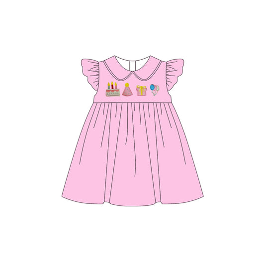 NO MOQ Preorder GSD3463 Birthday Cake Gift Balloon Doll Collar Pink Flying Sleeve Dresses for Girls 202512