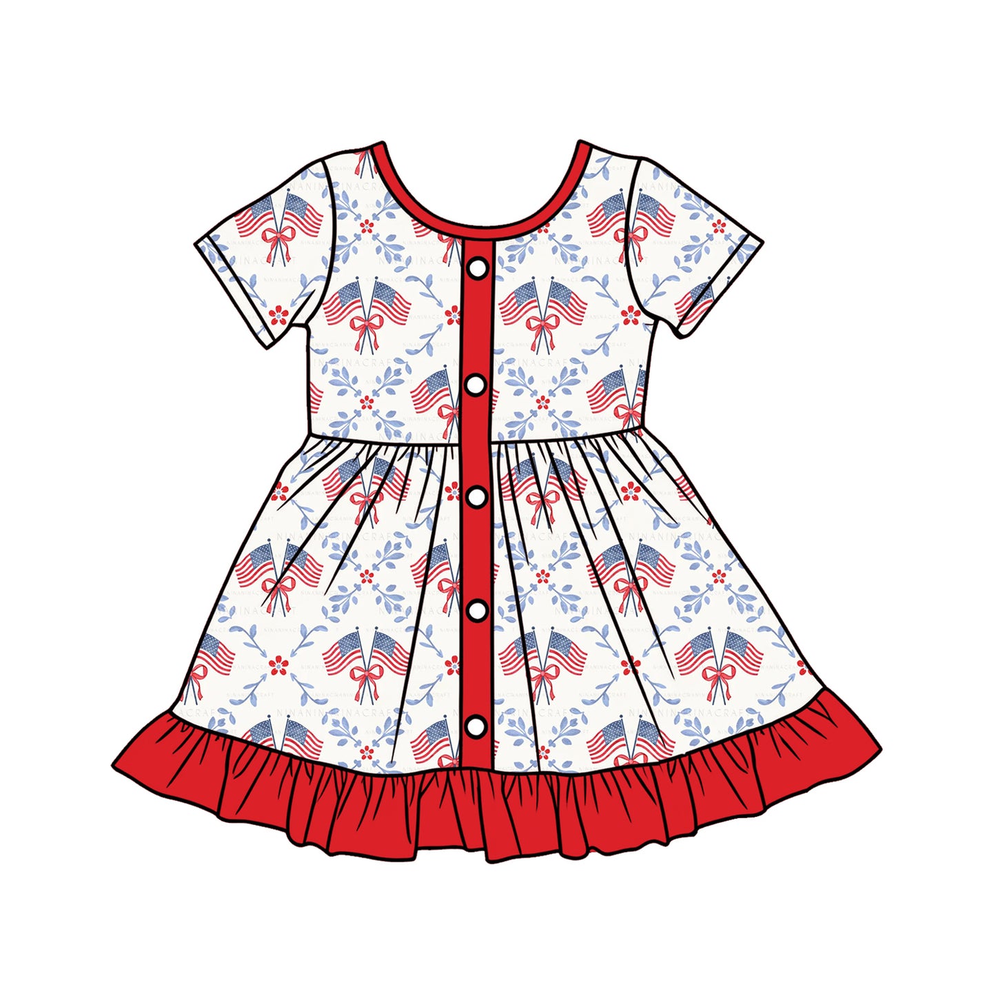 NO MOQ Preorder GSD3466 4th of July Flag Bows Red Ruffle Short Sleeve Dresses for Girls 202512