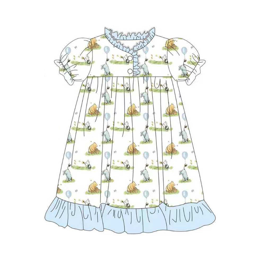 NO MOQ Preorder GSD3467 Balloon Bear Blue Ruffle Short Sleeve Dresses for Girls 202512