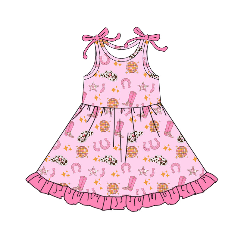 NO MOQ Preorder GSD3468 Cowgirl Hat Rose Red Ruffle Sleeveless Dresses for Girls 202512