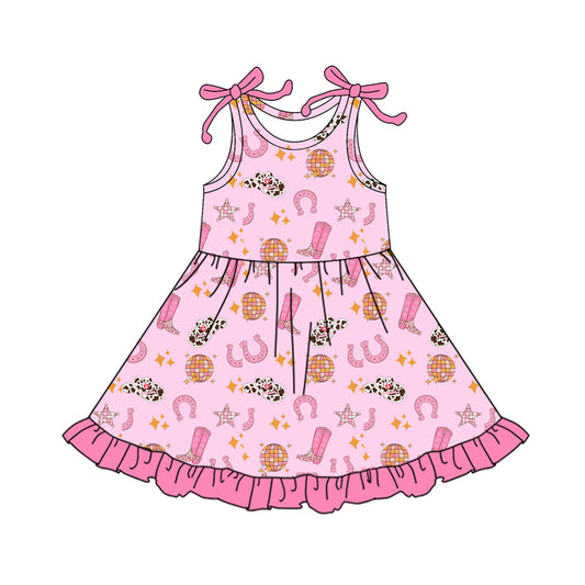 NO MOQ Preorder GSD3468 Cowgirl Hat Rose Red Ruffle Sleeveless Dresses for Girls 202512