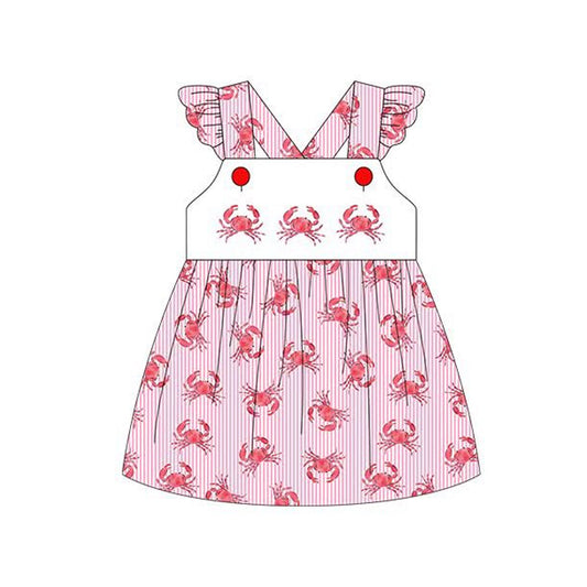 NO MOQ Preorder GSD3469 Crab Pattern Stripe Rose Red Flying Sleeve Dresses for Girls 202512