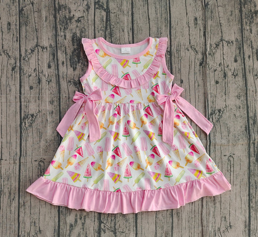 NO MOQ Preorder GSD3470 Ice Cream Pink Bows Ruffle Sleeveless Dresses for Girls 202512