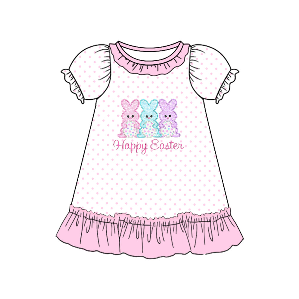 NO MOQ Preorder GSD3471 Easter Bunny Eggs Dots Pink Ruffle Short Sleeve Dresses for Girls 202512