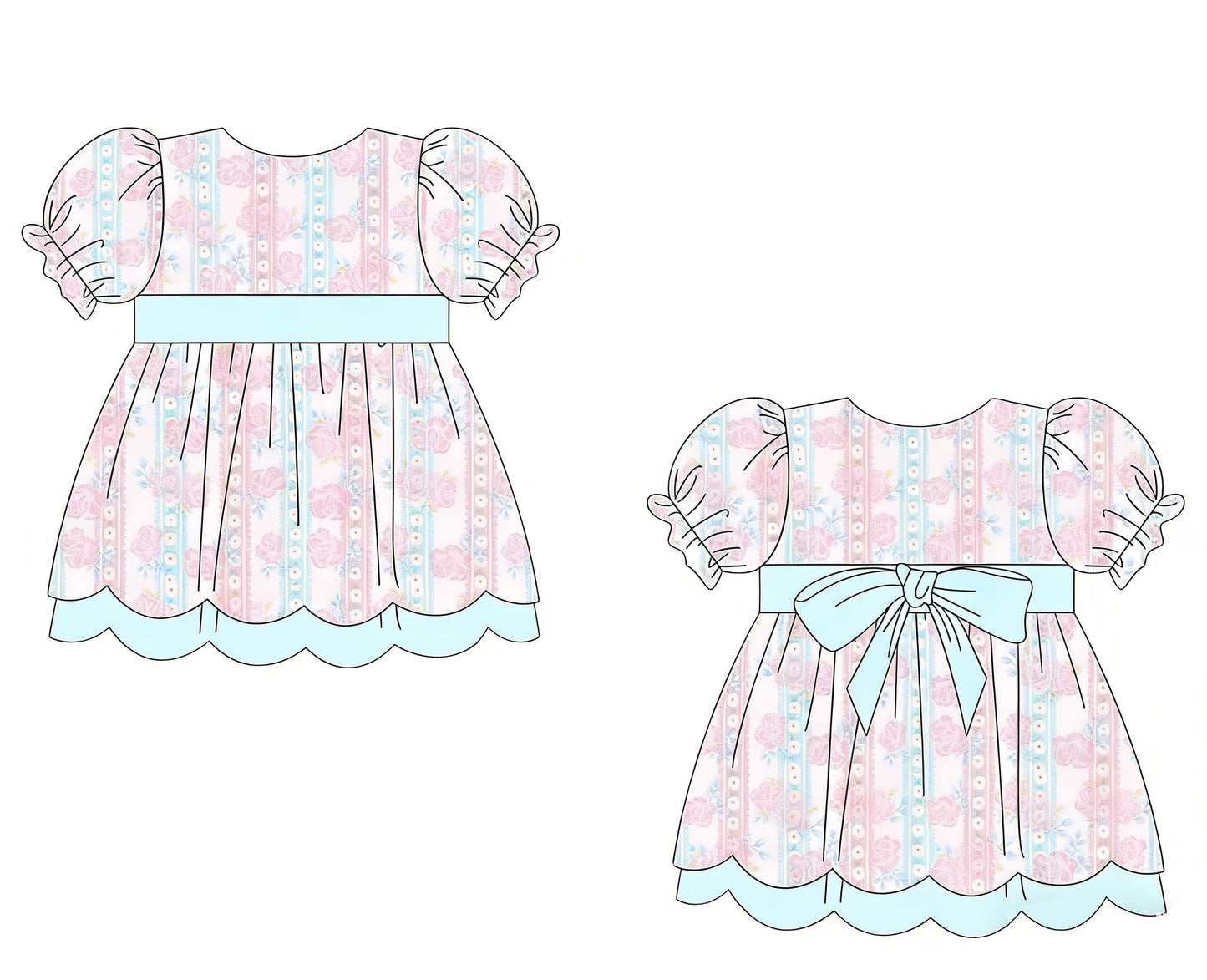 NO MOQ Preorder GSD3475 Flower Bows Stripe Pink Blue Ruffle Short Sleeve Dresses for Girls 202512