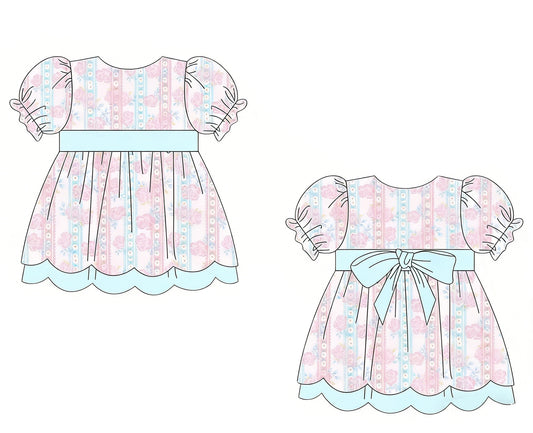 NO MOQ Preorder GSD3475 Flower Bows Stripe Pink Blue Ruffle Short Sleeve Dresses for Girls 202512