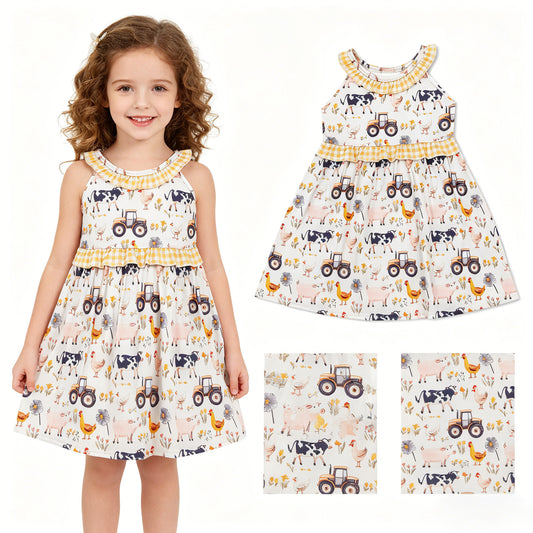 GSD3476 Farm Animals Yellow Plaid Ruffle Sleeveless Dresses for Girls 202605 RTS