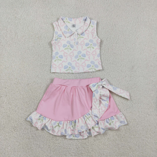 GSD3478 Bows Flower Polo Sleeveless Top with Ruffle Pink Skirts for Girls Yoga Sets 202601 RTS