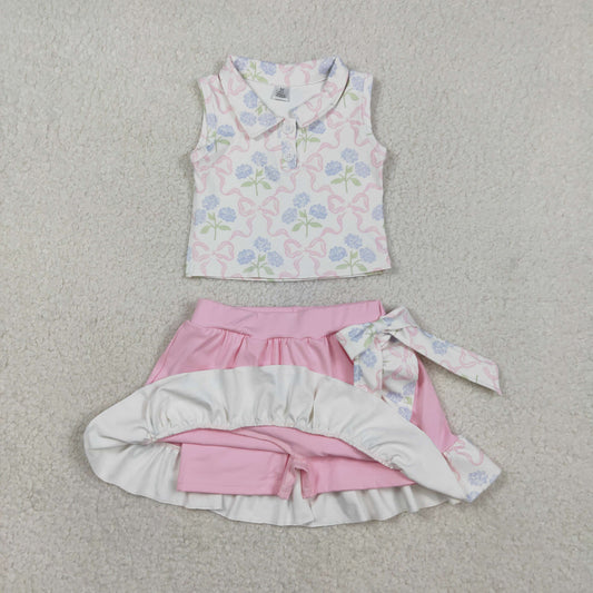 GSD3478 Bows Flower Polo Sleeveless Top with Ruffle Pink Skirts for Girls Yoga Sets 202601 RTS