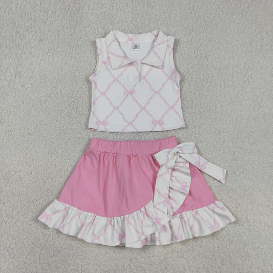 GSD3479 Pink Bows Polo Sleeveless Top with Ruffle Skirts for Girls Yoga Sets 202604 RTS