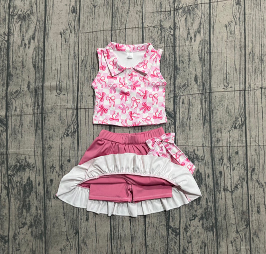 NO MOQ preorder GSD3480 Pink Bows Plaid Polo Sleeveless Top with Ruffle Skirts for Girls Yoga Sets 202601