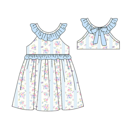 MOQ 5 PCS Preorder GSD3481 Flower Stripe Blue Ruffle Sleeveless Dresses for Girls 202512
