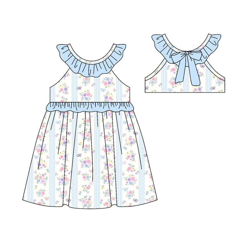 MOQ 5 PCS Preorder GSD3481 Flower Stripe Blue Ruffle Sleeveless Dresses for Girls 202512