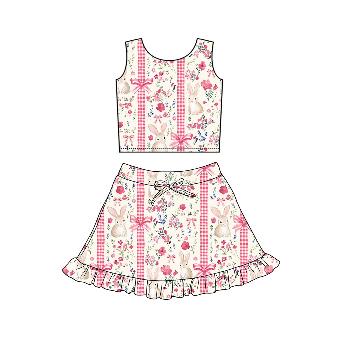 MOQ 5 preorder GSD3496 Easter Bunny Flower Bows Pink Plaid Beige Sleeveless Top with Skirts for Girls Yoga Sets 202512