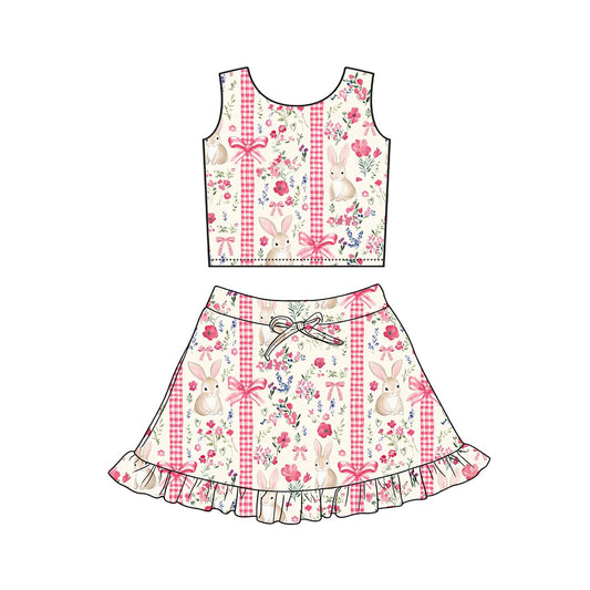 MOQ 5 preorder GSD3496 Easter Bunny Flower Bows Pink Plaid Beige Sleeveless Top with Skirts for Girls Yoga Sets 202512