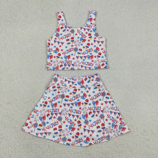 GSD3498 4th of July USA Fireworks Star Flag Ice Cream Bows White Sleeveless Top with Skirts for Girls Yoga Sets 202605 RTS
