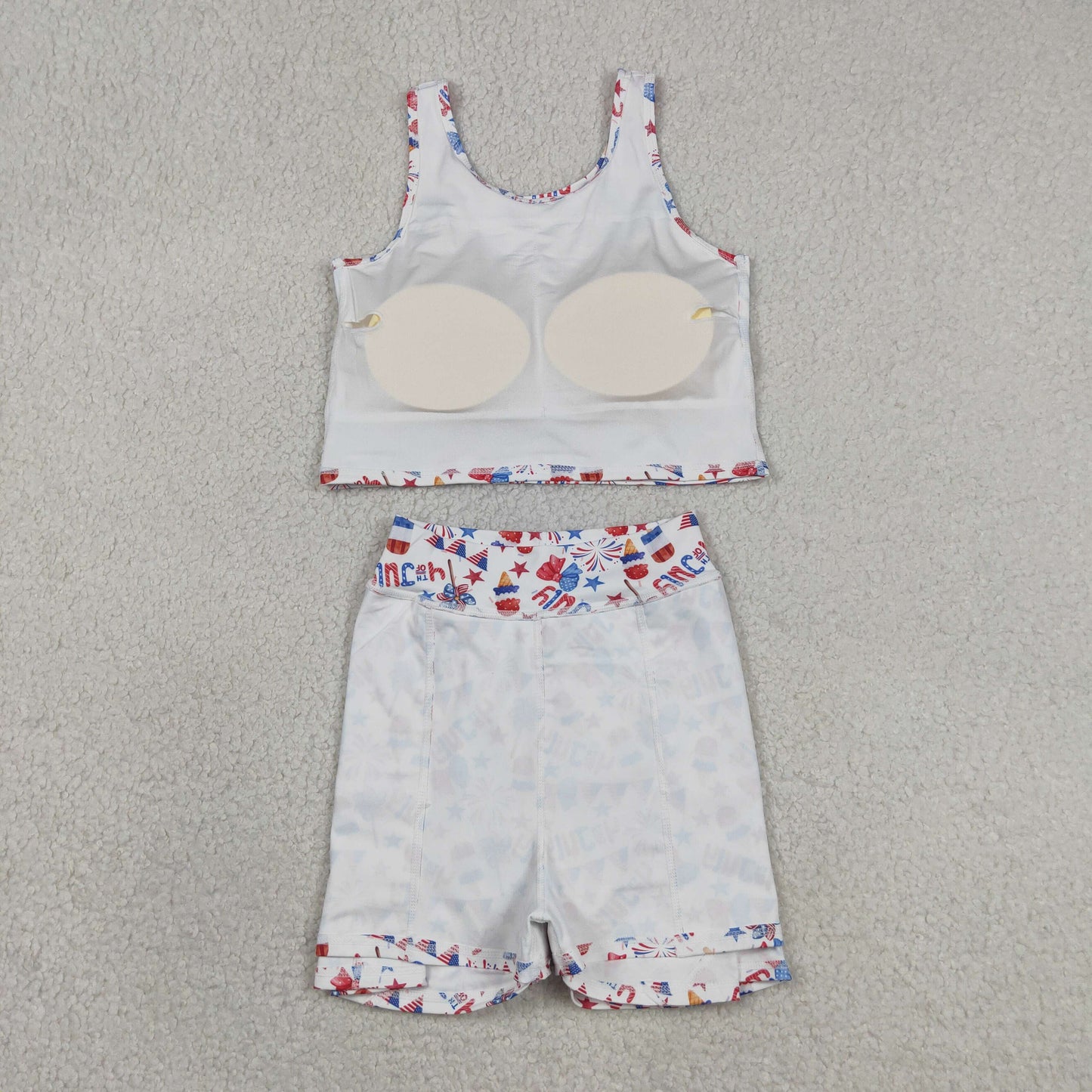 GSD3498 4th of July USA Fireworks Star Flag Ice Cream Bows White Sleeveless Top with Skirts for Girls Yoga Sets 202605 RTS