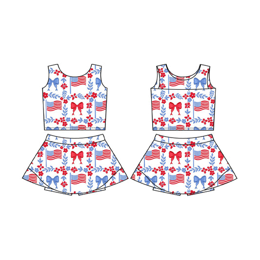 MOQ 5 preorder GSD3499 4th of July USA Bows Flower Leaf Flag Sleeveless Top with Skirts for Girls Yoga Sets 202512