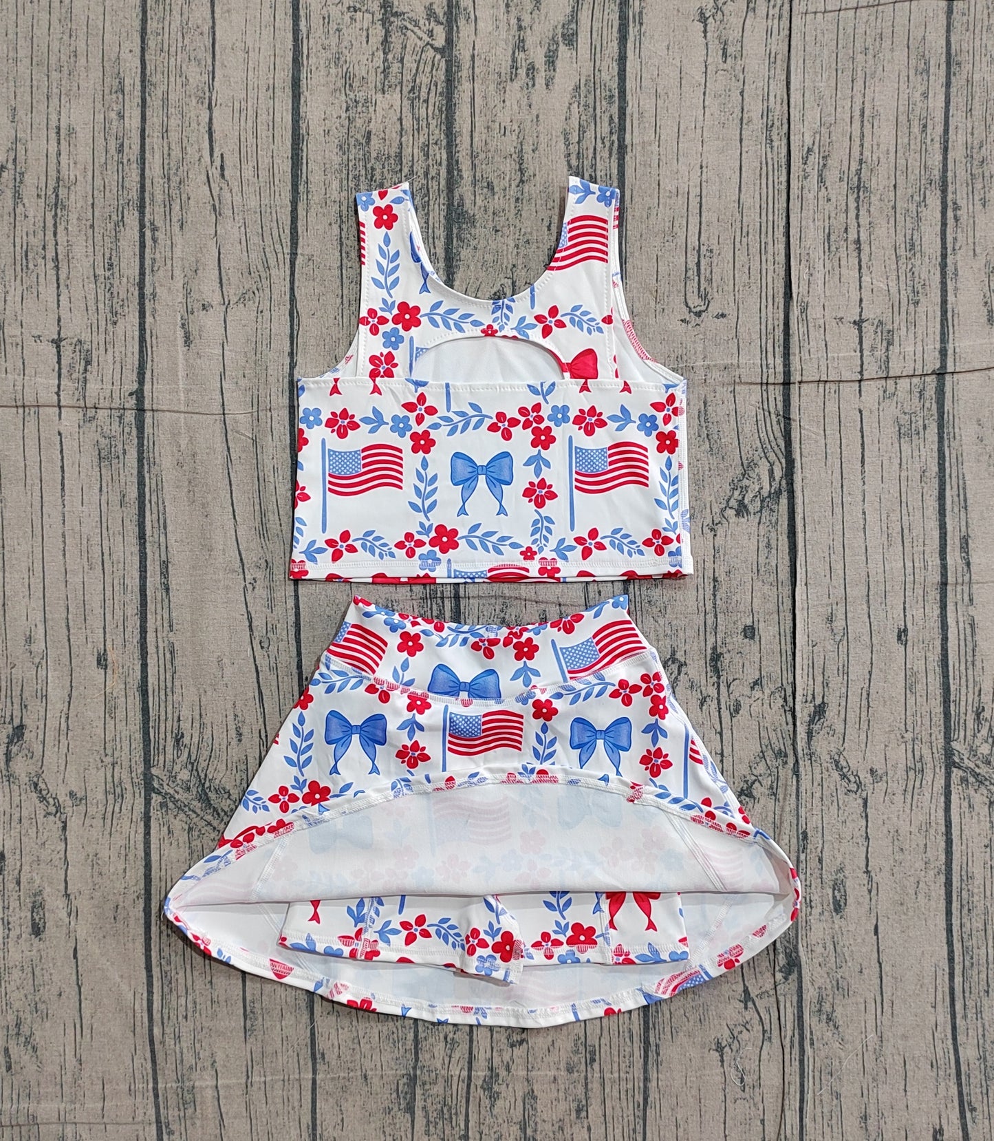 NO MOQ preorder GSD3499 4th of July USA Bows Flower Leaf Flag Sleeveless Top with Skirts for Girls Yoga Sets 202601