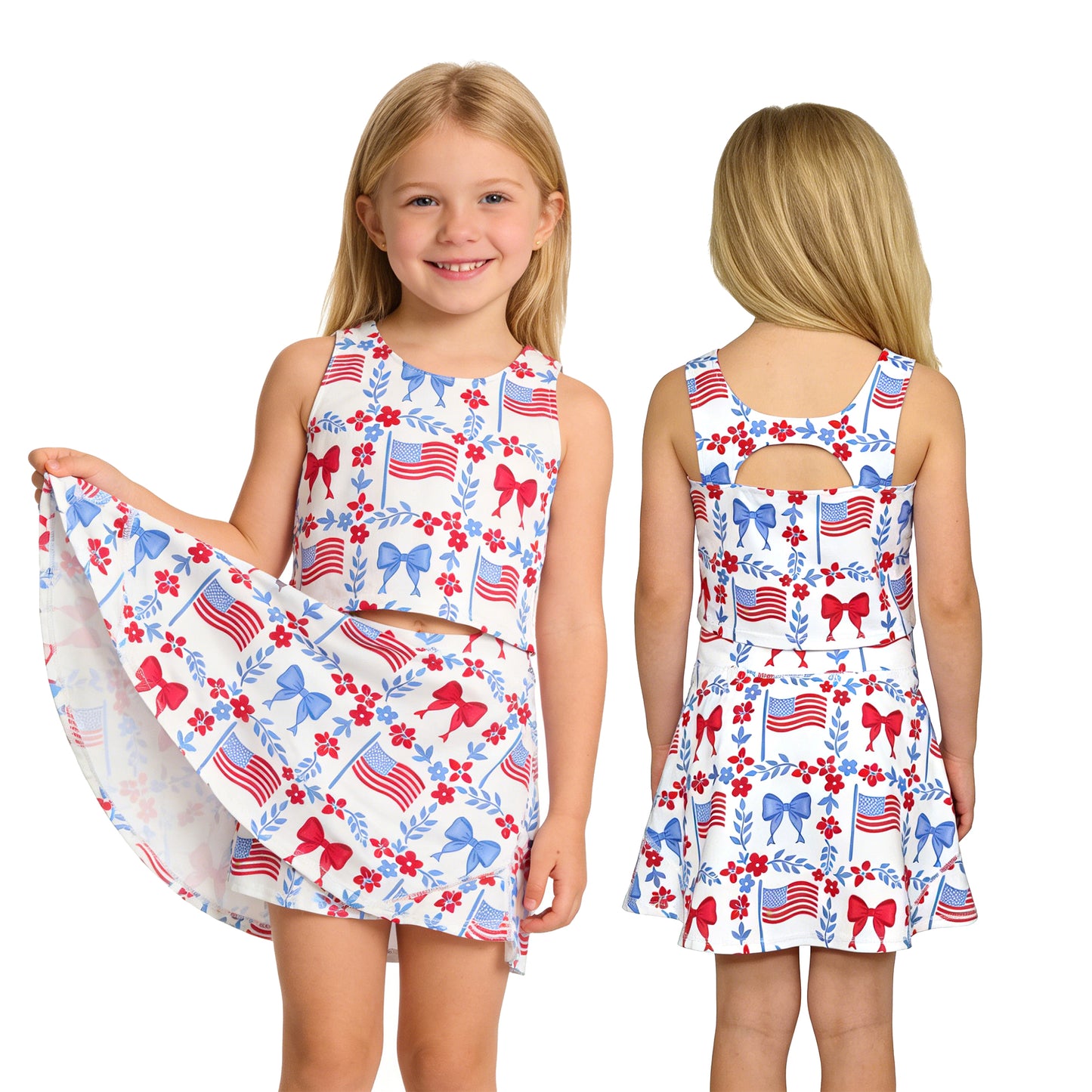 GSD3499 4th of July USA Bows Flower Leaf Flag Sleeveless Top with Skirts for Girls Yoga Sets 202603 RTS
