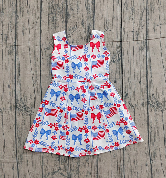 NO MOQ preorder GSD3500 4th of July Flower Leaf Bows Flag Yoga Sleeveless Dresses for Girls 202601