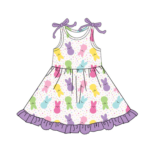 MOQ 5 PCS Preorder GSD3503 Easter Bunny Dots Purple Ruffle Sleeveless Dresses for Girls 202512