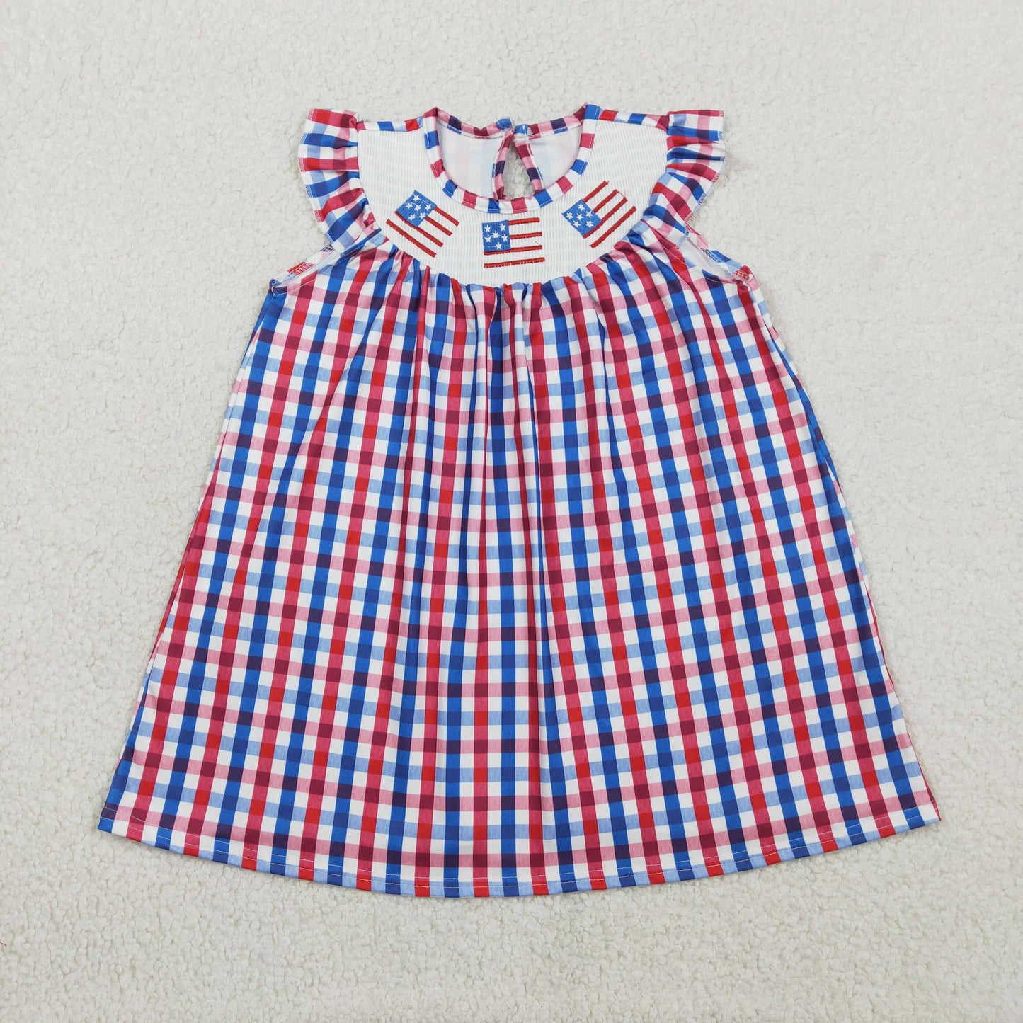 GSD3506 Smocked 4th of July Flag Red Blue Plaid Flying Sleeve Dresses for Girls 202601 RTS