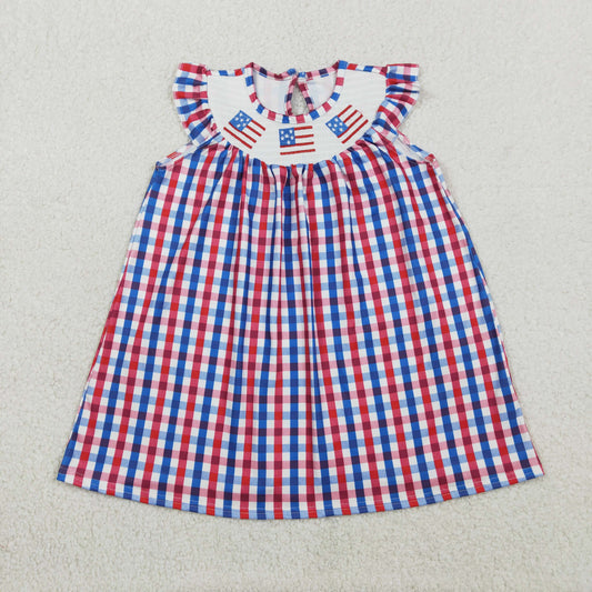 GSD3506 Smocked 4th of July Flag Red Blue Plaid Flying Sleeve Dresses for Girls 202601 RTS